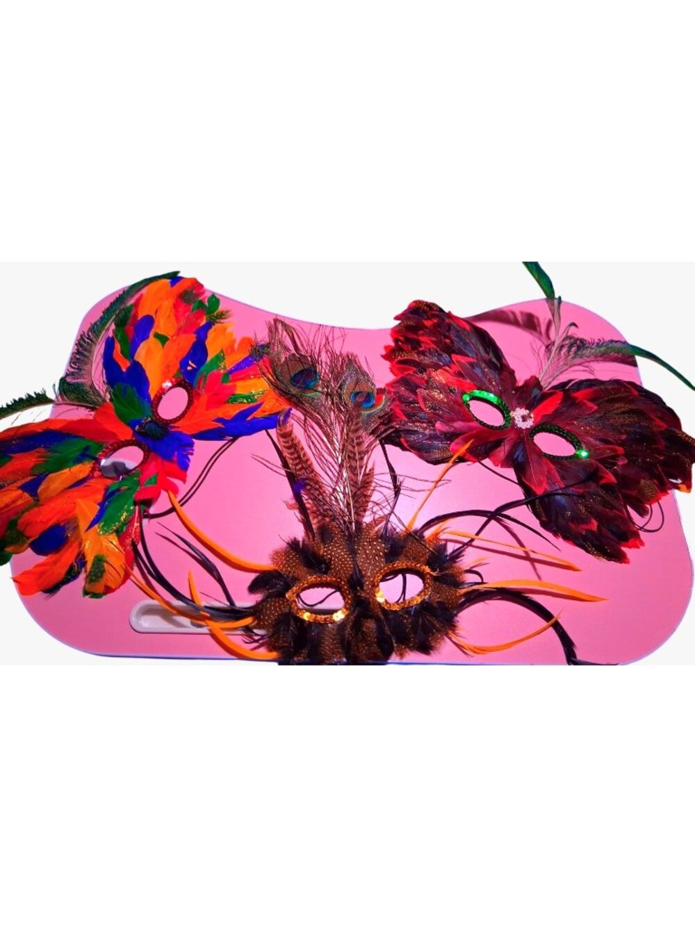 Set Of 3 Feathered Mardi Gras Masks Masquerade Peacock Accents Elastic Straps Pa